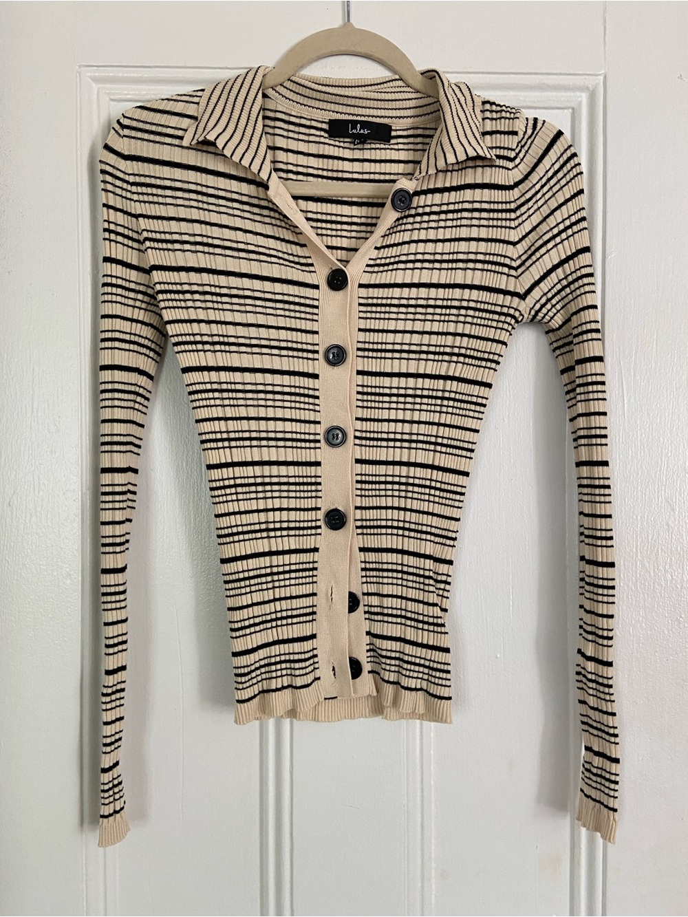 Lulus Beige & Black Striped Button-Front Collared Cardigan